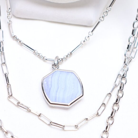 Kendra Scott Davis Silver Tone  Multistrand Necklace in Blue Lace Agate $128 New - Picture 2 of 7